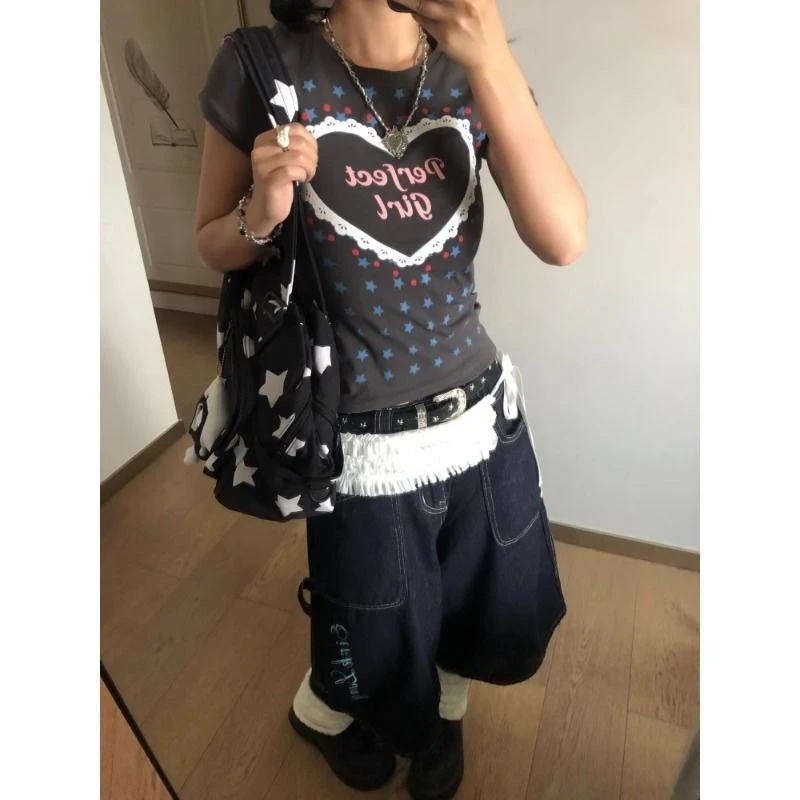

HOUZHOU American Retro Star Print T-shirts Women Y2k Harajuku Spicy Girl Crop Tops Vintage Slim Up Graphic Short Sleeve T-shirt
