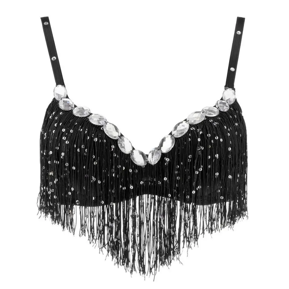 Top do tańca brzucha z cekinami, wiązany na szyi, z dżetami i frędzlami, poliestrowy top do tańca latynoamerykańskiego, stanik do tańca, na imprezę w klubie nocnym.