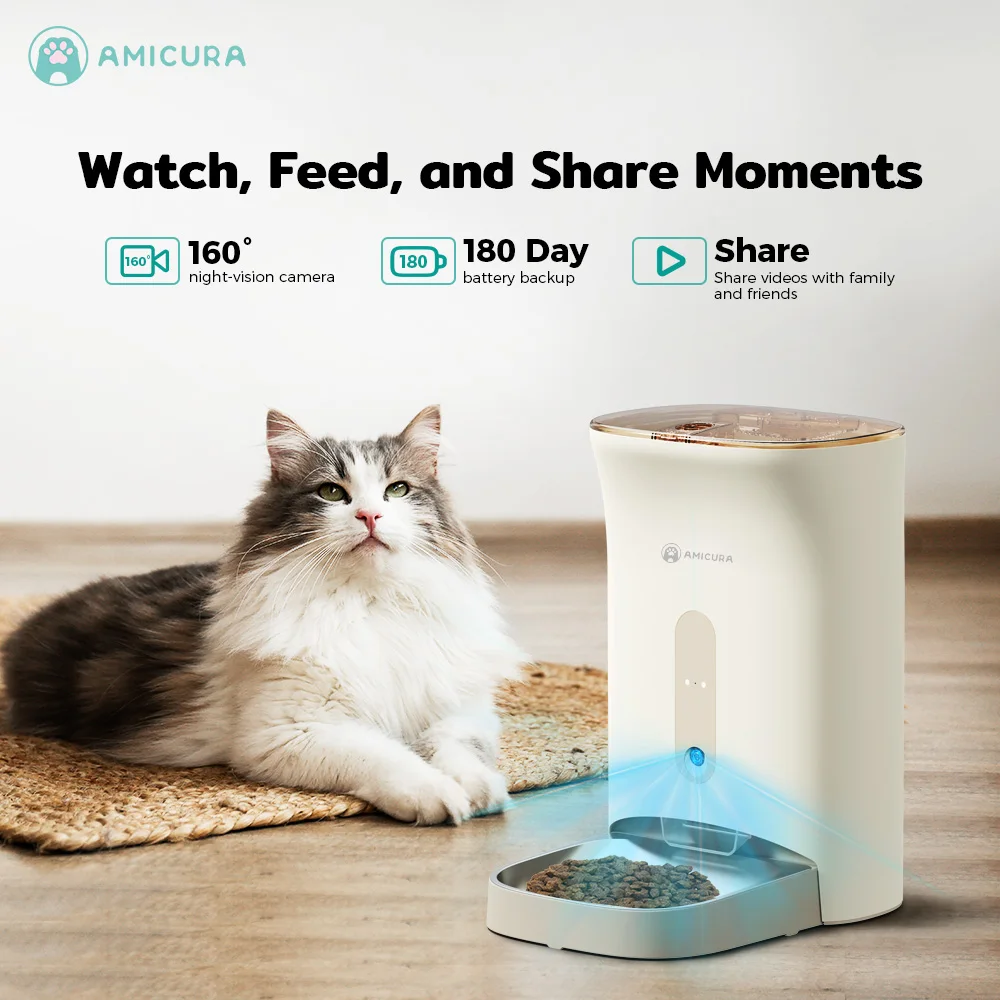 Distributeur automatique de nourriture pour chat AMICURA F1 Pro, intelligent, WiFi, avec télécommande, pour croquettes, pour chat et chien.