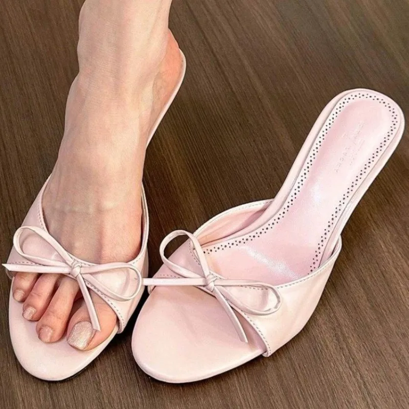 Luxury Fashion Bow Ladies High Heels Women\'s Open Toe Stiletto Slippers Women\'s Shoes 2024 Summer Classic Solid Color Sandals