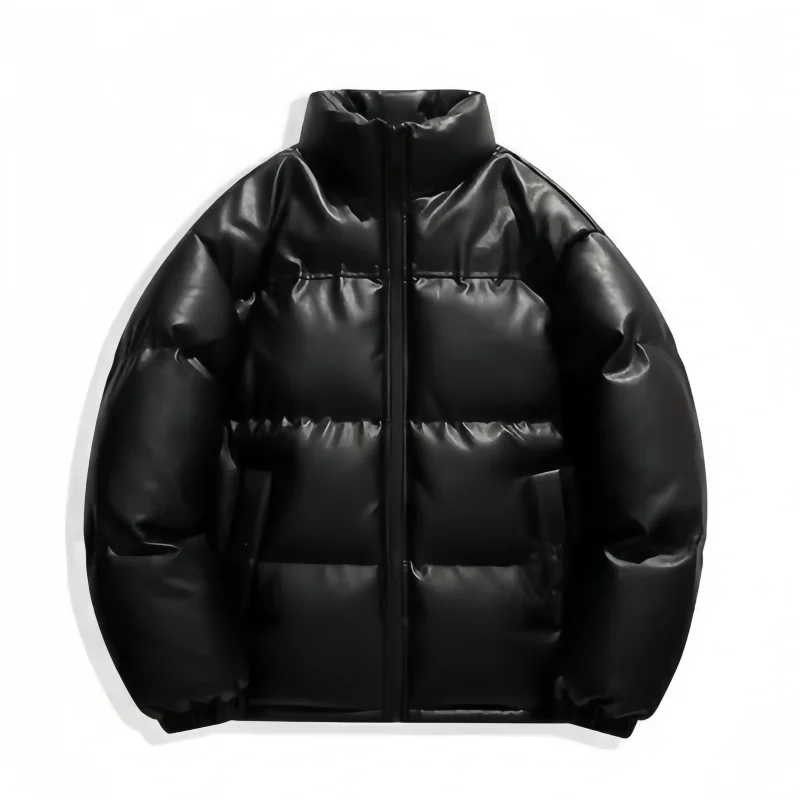 Winter New Pu Leather Puffer Jacket for Men, Thickened and Warm, Stand Collar down Cotton Coat, Shiny Surface, Couple Style, Loose Fit