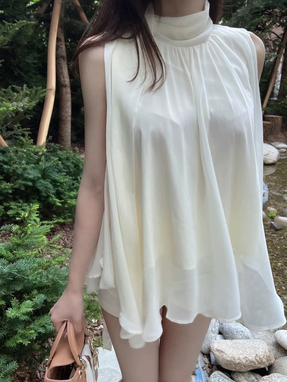 

Dongda Gate New Style Sexy Waist-Cinching Sleeveless Chiffon Top for Women Breathable Comfortable Loose Fit Pure Color