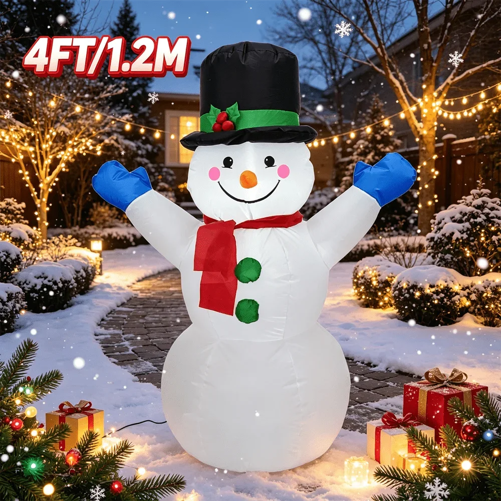 4FT/1.2M Christmas Inflatable Model Toy LED Light Up Open Arms Snowman with Carrot Nose Holiday Ornament Inflatable Yard Decor