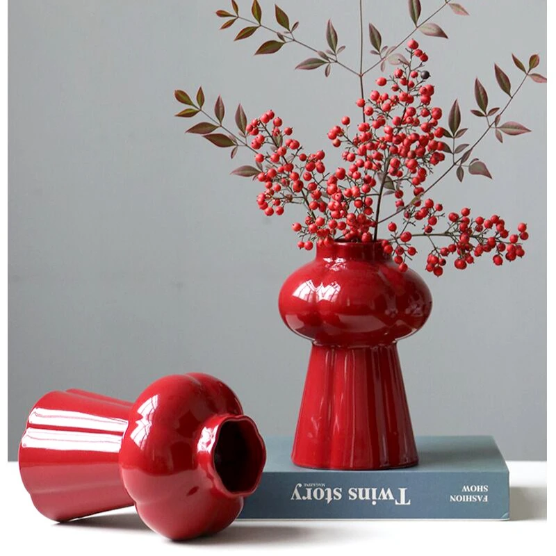 1Pcs Red Ceramic Vase, Desktop Center Decorative Plant Flowerpot, Home Decoration