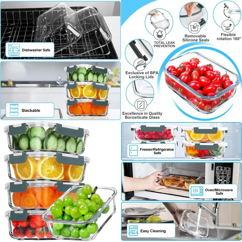 

5-Pack 36oz Airtight Glass Meal Prep Containers, BPA-Free, Microwave, Oven, Freezer, and Dishwasher Safe, Grey