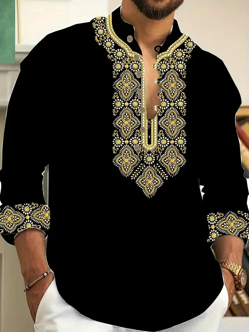 New Men's Casual Long Sleeve Henry Collar Linen Shirt Ethnic Print Men's Shirt High Quality Top Fits Everyday