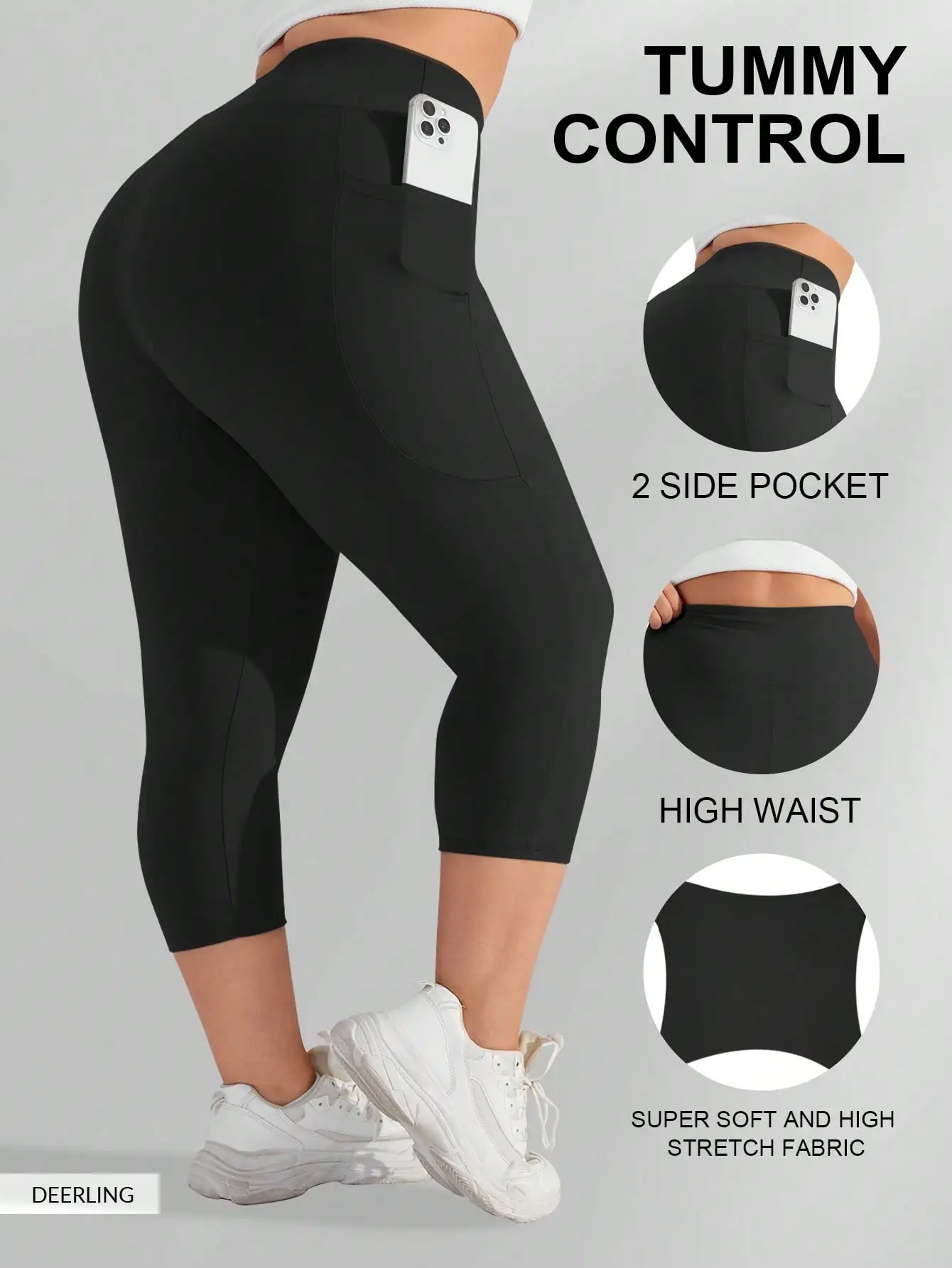 Leggings Capri de Cintura Alta para Mujer, Talla Grande, con Control de Abdomen y Bolsillos Laterales, Pantalones Elásticos para Yoga y Ejercicio