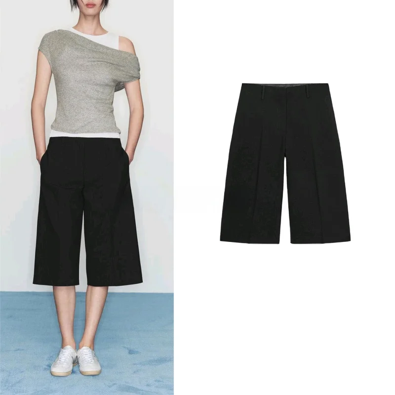 

Повседневные женские брюки с высокой талией, широкими штанинами, длиной до колена, свободного кроя, осенние, из полиэстера