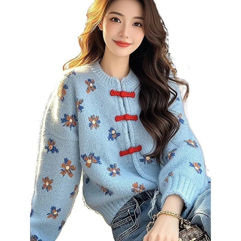 

[ High Quality Material ] New Chinese Style Blue Flower Sweater with Women's Heavy Industry Undercoat Lazy High-grade Knit Top