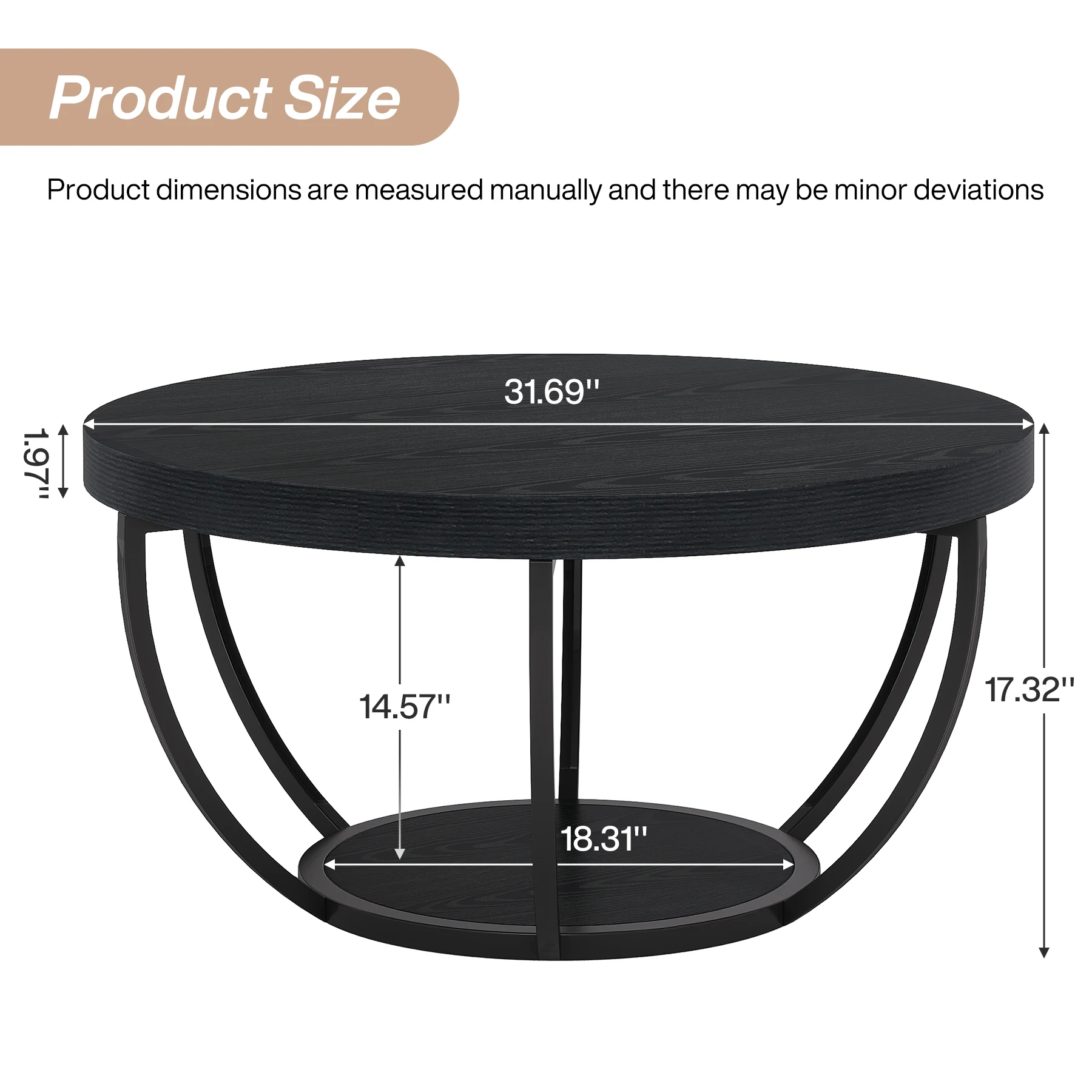 #ji 32 Inch Industrial Round Coffee Table 2 Tier Wood Open Storage Circle Accent Center Table Living Room Furniture Home Black