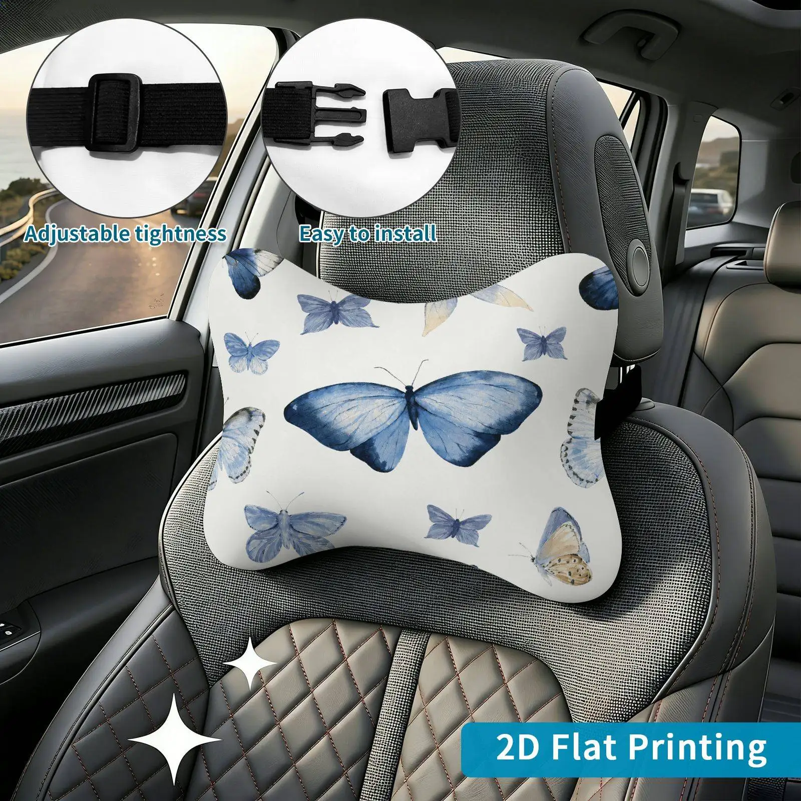 2pcs Butterfly Blue Pattern Car Seat Headrest, Neck Support Cushion, Suitable For All Seasons Of Car Additions, Butterfly Blue P