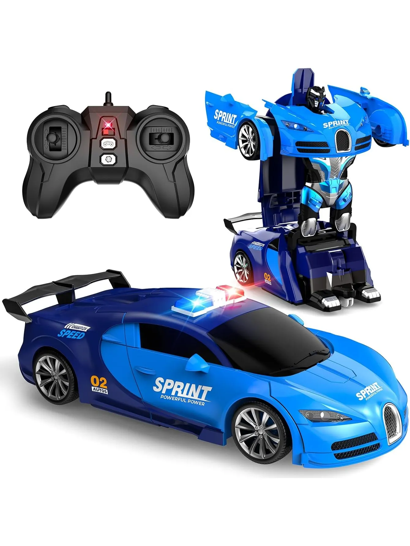 Transforming RC Police Racing Car Robot, 2.4GHz Remote Control Blue Sports Car with One Button Transform, LED Flashing Light Toy