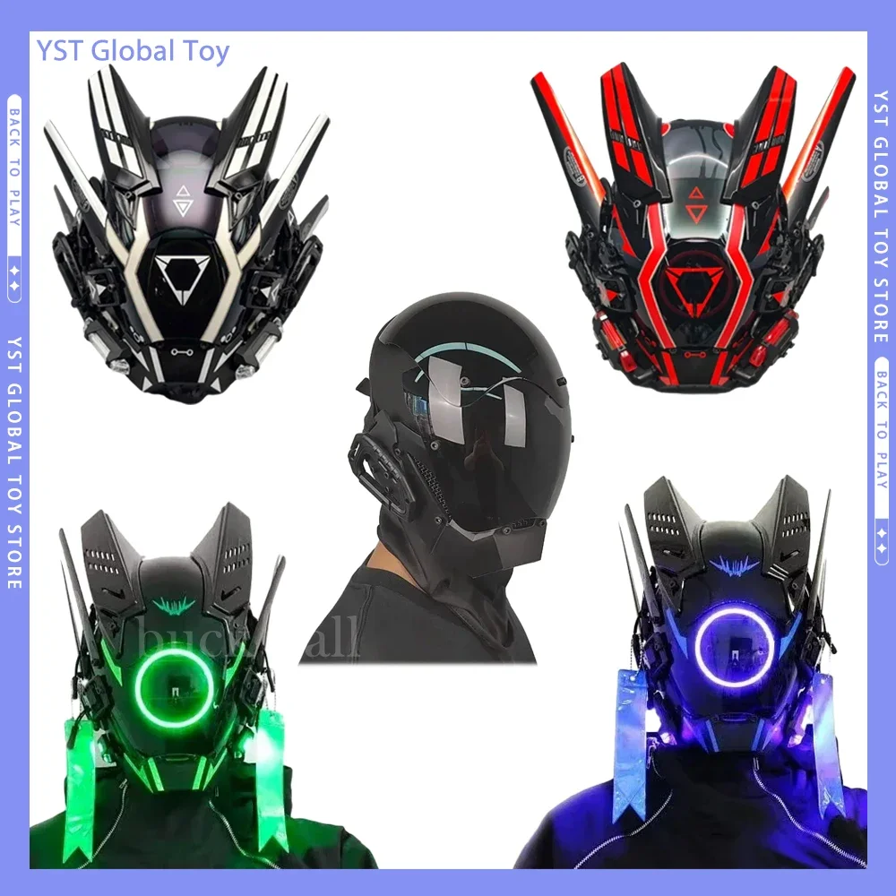 Cyberpunk Helmet Shinobi Mask Robot Samurai Mask Cosplay Techwear Cyber Punk Hi-tech Helmet Armor Futuristic Toy with LED Light