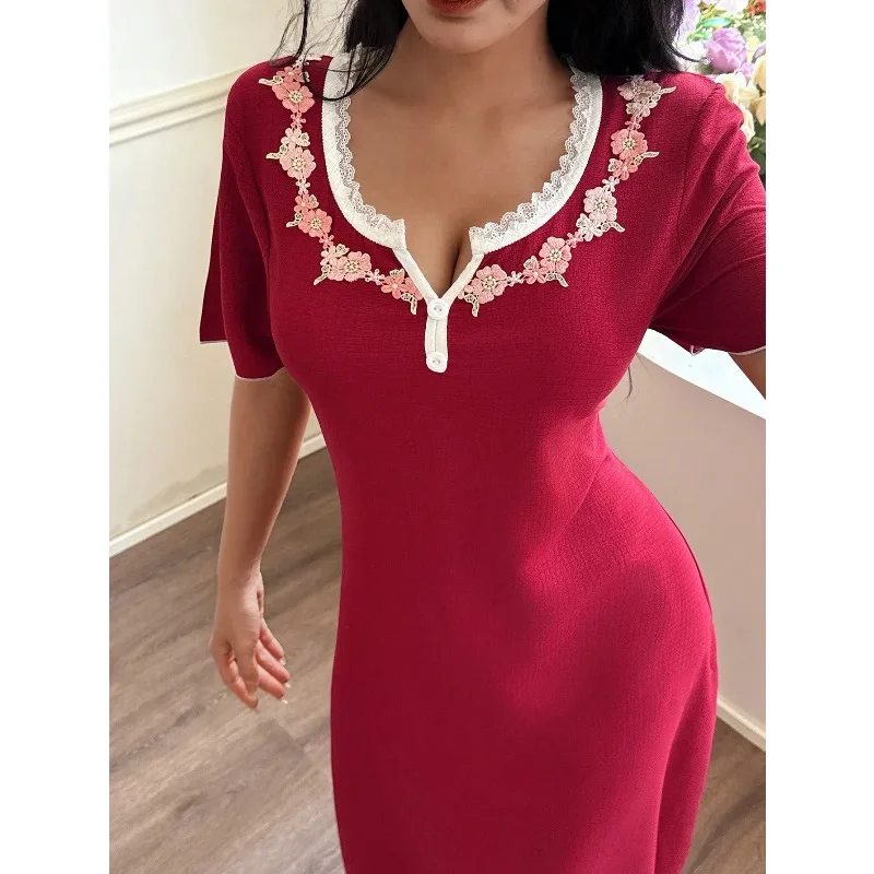

Women's Short Sleeve Nightgown With Lace Trim Patchwork Square Neck, Button Detail And Embroidered Floral Decor