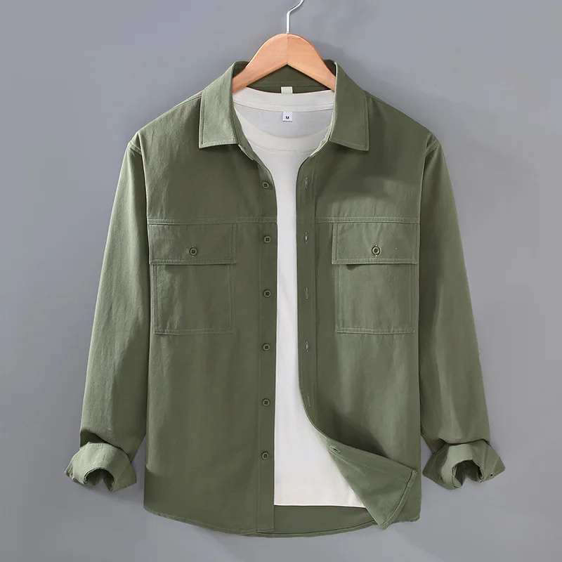 Autumn New Cargo Shirts Men Pure Cotton Apricot Long Sleeve Shirt Men Japanese Casual Double Pockets Workwear Top Thin Jacket