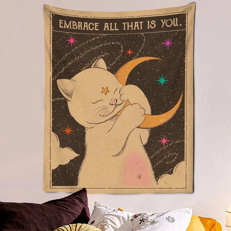 VIKAMA Kawaii Comic Cat Wall Art Tapestry Cute Dreamy Y2K Aesthetic Hanging Blanket for Bedroom Dorm Decor Cartoon Curtain Cloth