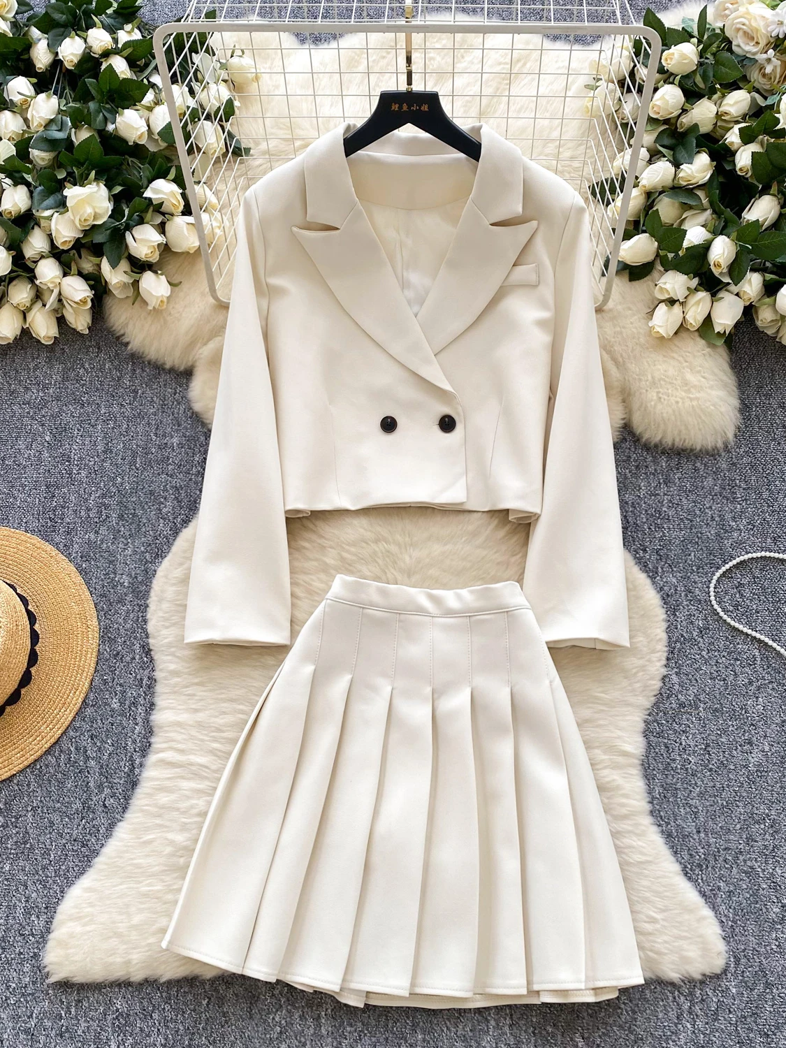Retro Briti Sle Dames Faion Set Hoge Taille Geplooide Ort Rok Lange Sve Pak Jaet Herfst Seizoen Veelzijdige Kleding