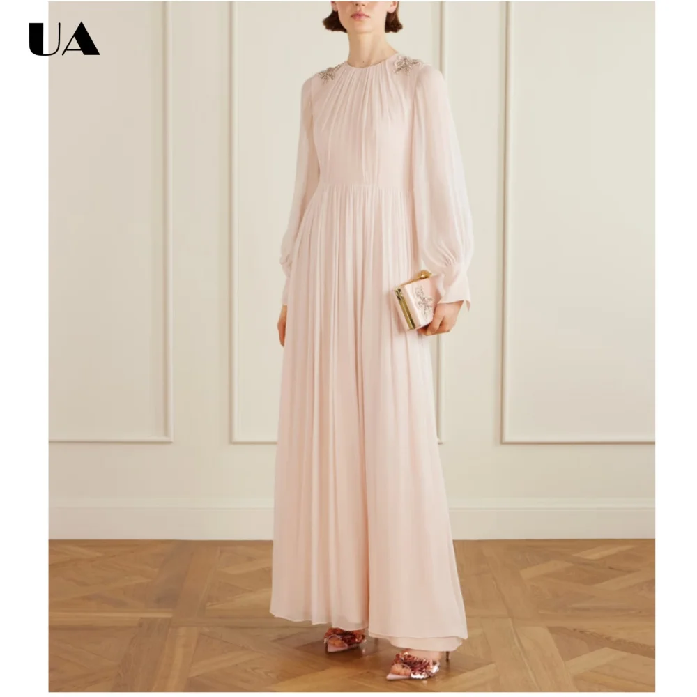 

ULBYANRY Customized Straight Embellished Bishop Sleeve Prom Dress for Woman Elegant Solid Evening Dress Formal O-neck Ball Gown