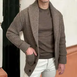 Fall Winter Warm Knitted Cardigan Sweater Men Casual Solid Color Lapel Button-up Sweatercoats Mens Vintage Slim Knitting Jackets