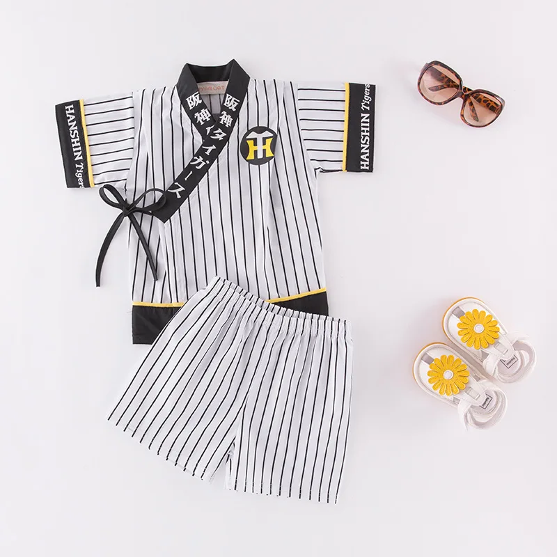 Summer Boys Two Piece Outfit Striped Short Sleeve Japanese Kimono Top Shorts 2pcs Set for Little Kids Daily Casual Home Wear