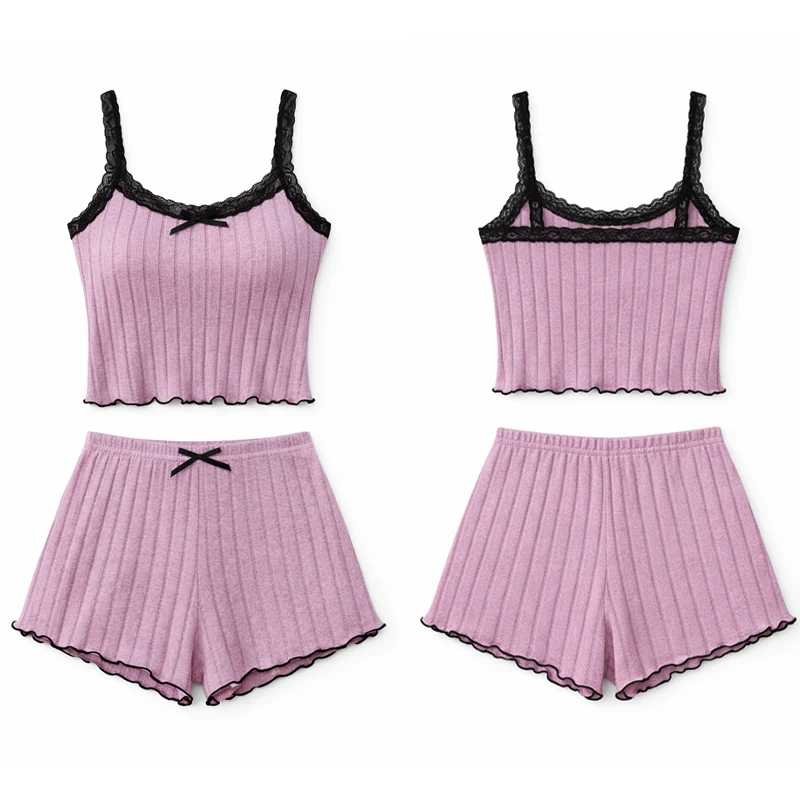 

Новый летний женский комплект для сна и отдыха из 2 предметов: укороченный топ на бретельках с кружевной отделкой и бантом, шорты с волнистым краем, мягкий и милый трикотажный комплект в рубчик