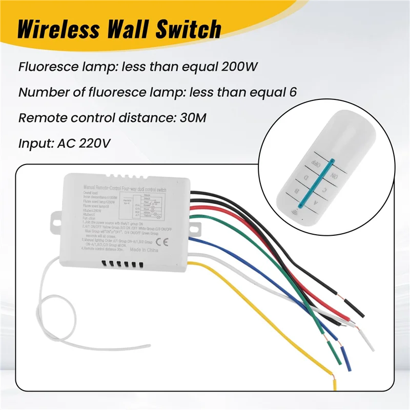AB53 6X 4 Way Light Lamp Digital Wireless Remote Control Switch ON/OFF 220V