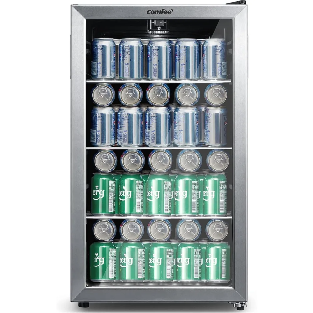 

115 Cans Beverage Refrigerator, Adjustable Thermostat, Glass Door With Stainless Steel Frame, Reversible Hinge Door And Legs