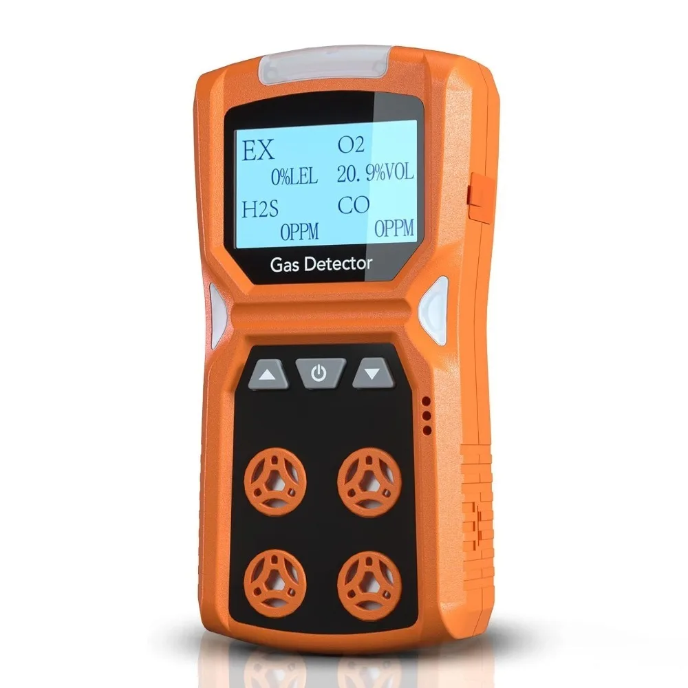 

Gas detector with vibration, visual and audible alarms, 18 hours long battery life, rechargeable portable 4-in-1 gas detector