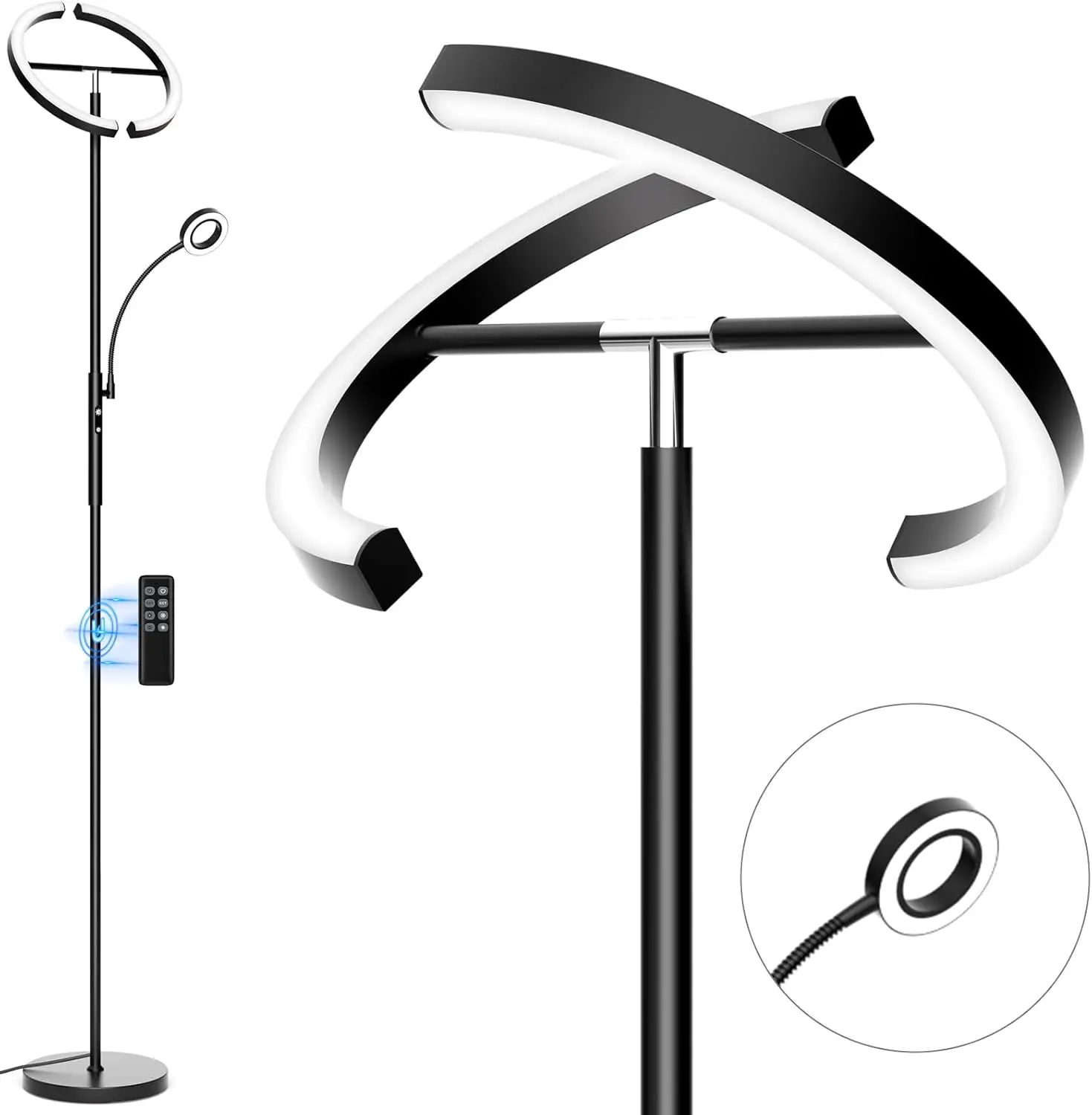 

Modern LED Floor Lamp with Reading Light, Dimmable Touch & Remote, 29W Black