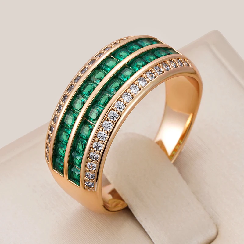 Kinel Luxury Full Green Natural Zircon 9mm Width Rings For Women Fashion Design 585 Rose Gold Color Modern Party Daily Jewelry