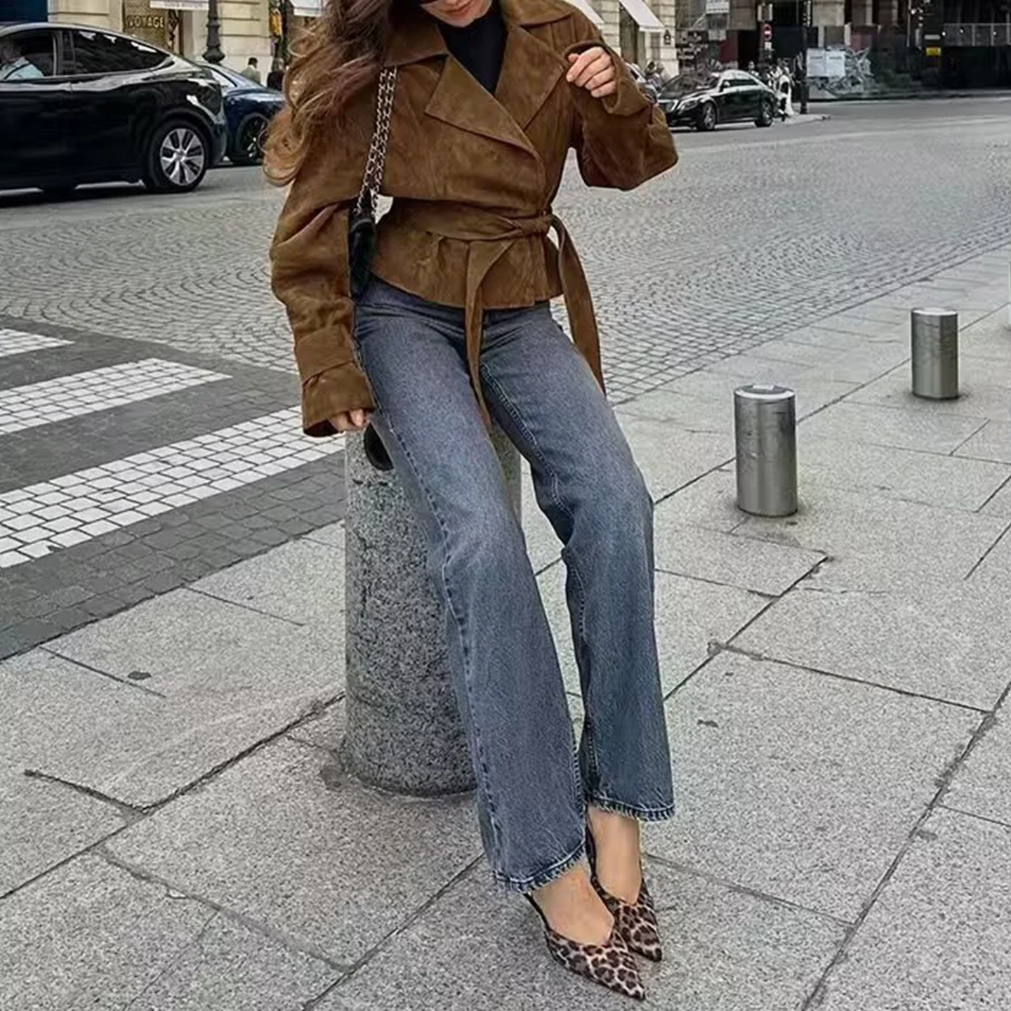 

Ele Замшевый двубортный костюм с воротником Jaet, женская модная верхняя одежда, осень 2025 Z, повседневная одежда со стойкой