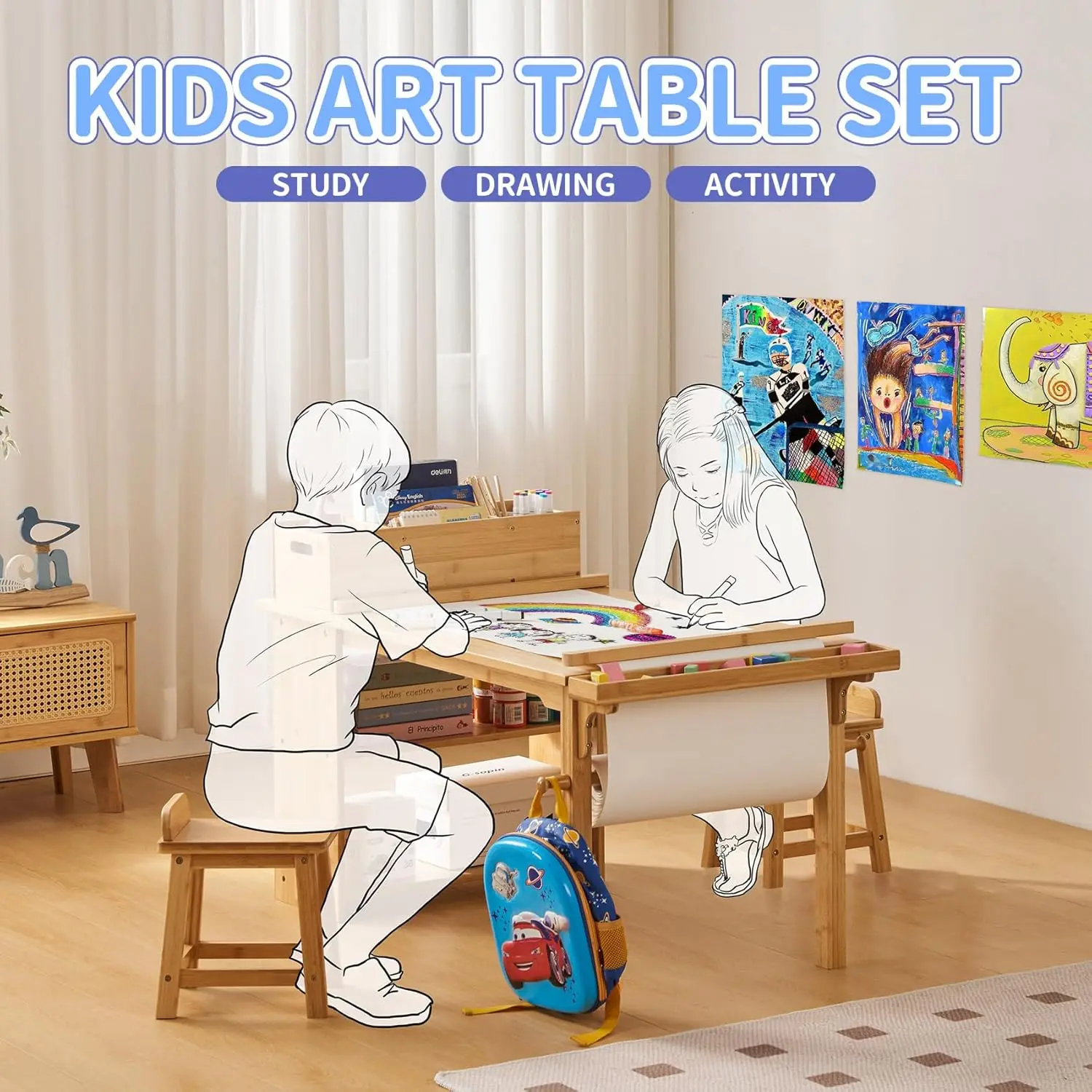 Drawing and Art Table & Chair Set for Toddlers - Portable Craft Supplies Organizer and Storage Shelves, Canvas Bins, Paper Roll