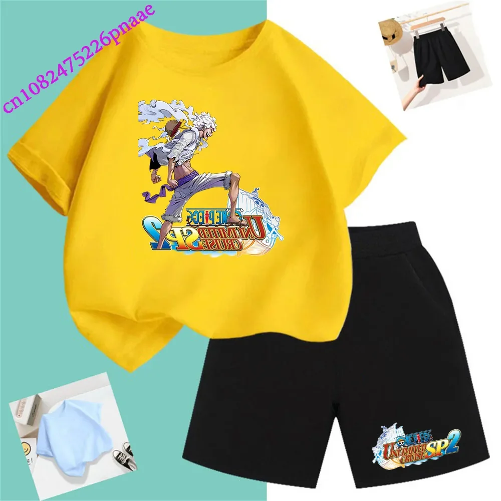 One Piece Pirate King Fashion Summer 2024 Cheap Girl Short T Shirt Kid Clothes Shorts Child Set Fashion Kawaii O-neck T-shirt