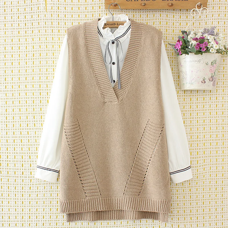 

Plus Size Sweater Vest Woman Clothing Solid V-Neck Knitted Long Pullover Casual Curve Sleeveless Jumper Autumn Winter E2-6678