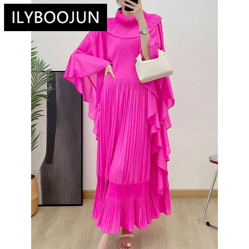 

ILYBOOJUN Solid Spliced Folds Loose Dresses For Women Turtleneck Flare Sleeve High Waist Minimalist Chic Dress Female Clothes