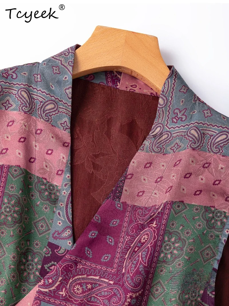 Tcyeek 100% Real Mulberry Silk Woman Tops 24MM Silk Woman Clothing 2026 Summer Classical Abstract Print Layered Vests Ropa Mujer