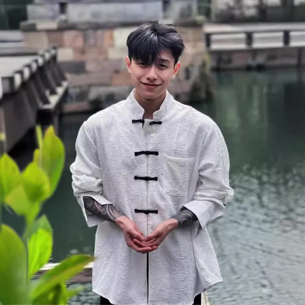 

Новая мужская одежда в китайском стиле, рубашка с воротником-стойкой на пуговицах в китайском стиле, костюм Тан, мужская куртка ханьфу с вышивкой