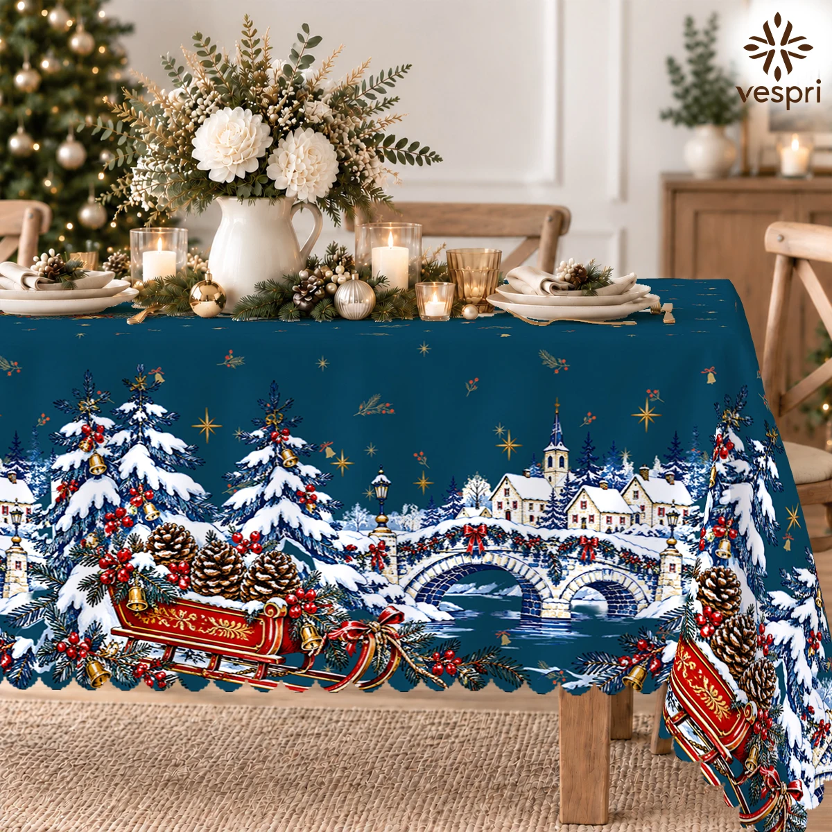 Winter Christmas Tablecloth with Snowy Bridges & Angels for Indoor/Outdoor Camping decor, Rectangular/Round/Oval