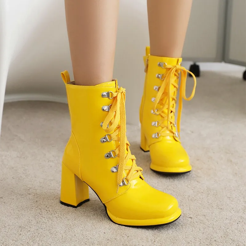 Patent Leather White Yellow Nude Ankle Boots Lace Up Ladies Platform Booties High Heels Fashion Nightclub Patry Shoes Wholesale