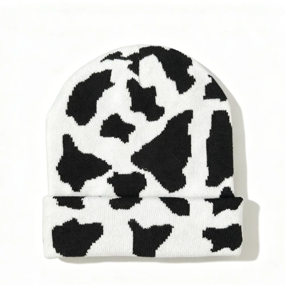 Casual Thickened Cow Pattern Knitted Hat Keep Warm Elastic Pullover Hat Ear Protection Coldproof Winter Beanie Hat Winter