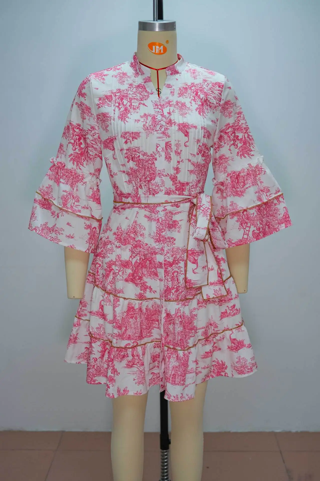 Vintage Bedrucktes Schnür-Minikleid für Damen Mode Gerüschtes Plissiertes Kleid mit Langen Ärmeln High-Street-Stil mit Bindegürtel Damenkleider – Detail 5