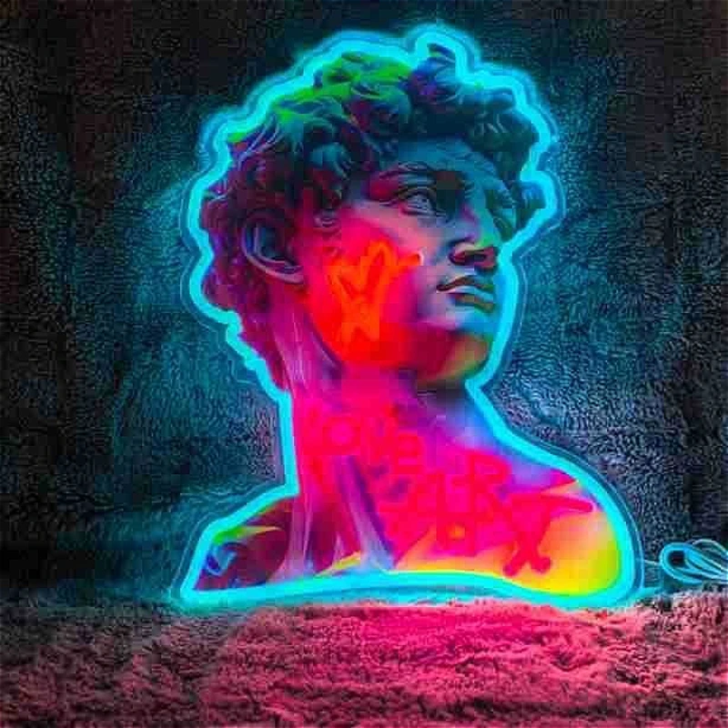 Creative Decor for Bar Parties - Printed Neon Light with David Gypsum Statue, LED - Lit Pattern and Shape