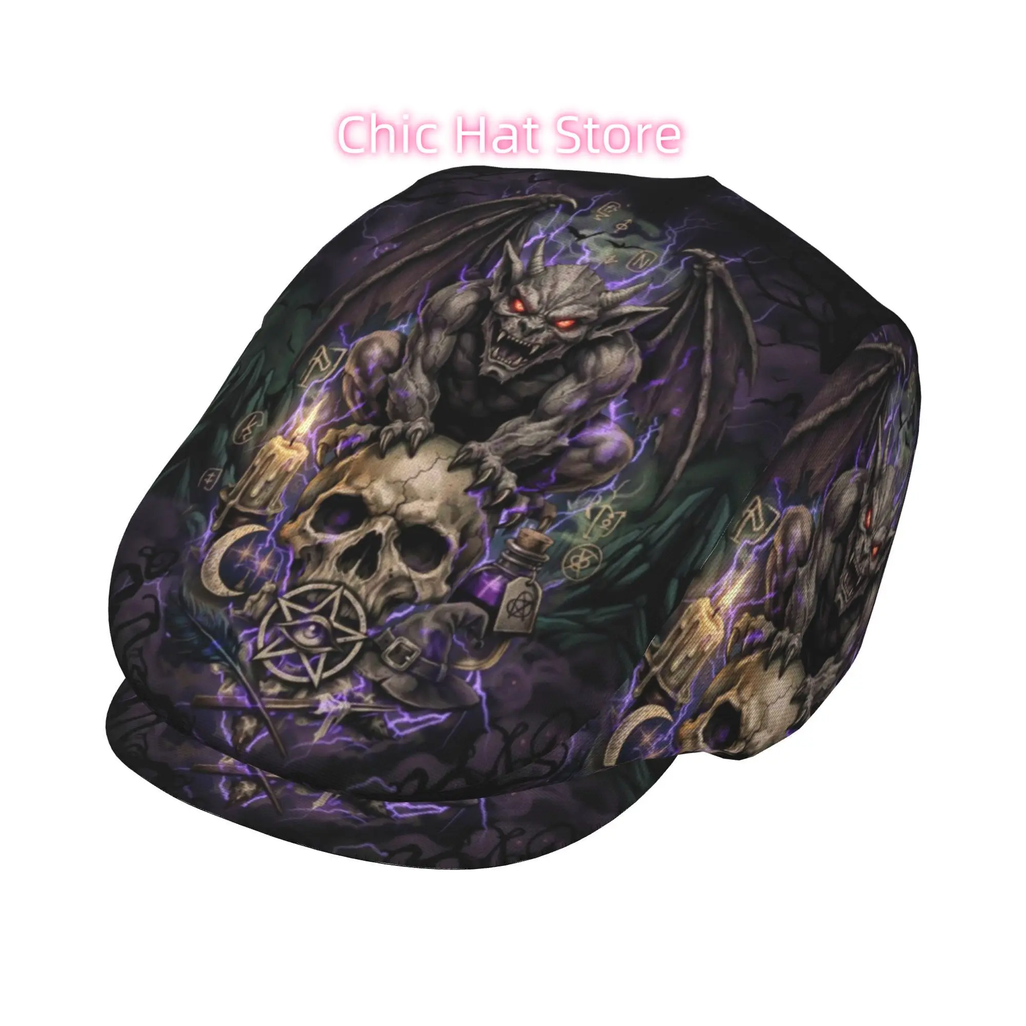 1pc Gargoyle Demon Occult Skull Art All-over Print Flat-top Hats for Men and Women, Newsboy Caps, Berets, Irish Hats, Driver Cap