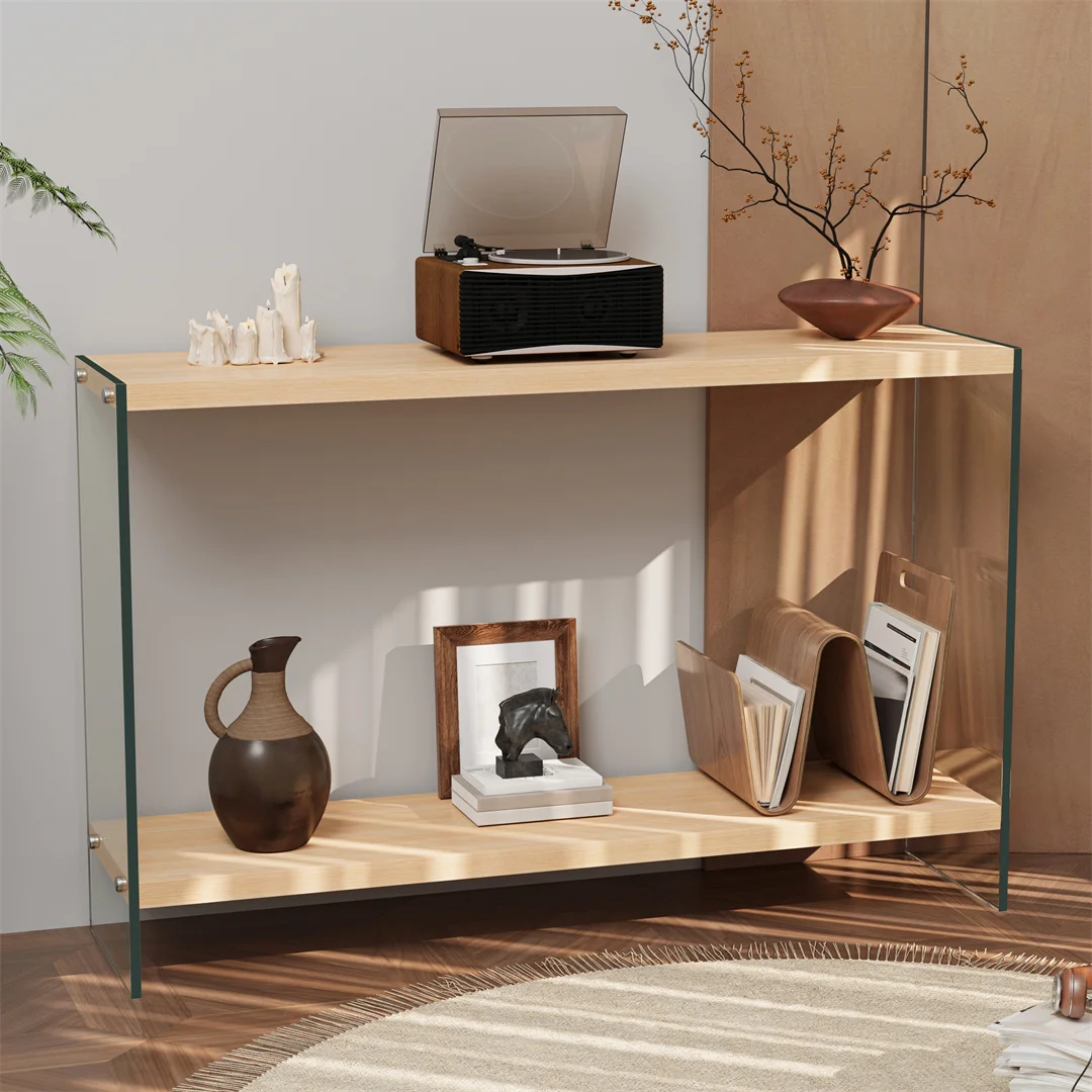 Rustic Industrial 2-Tier Wood Entry Table 120cm Sofa Back Storage Table for Living Room Hallway Side Organizer