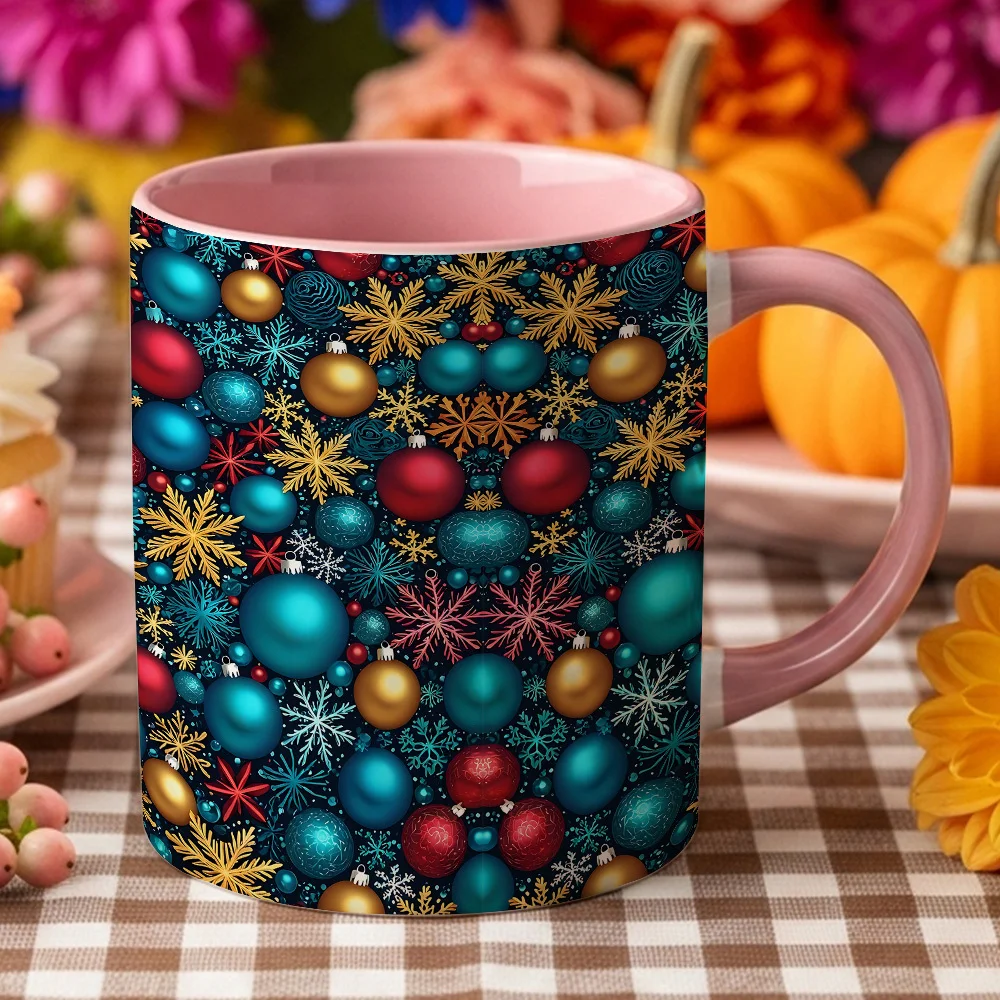 1pc Christmas Coffee Mug with Festive Snowflake & Bauble Pattern - Red, Golden, Green, Brown Holiday Colors - Ideal Christmas Gift for Home, Office, or Party - Durable Cup for Hot Beverages - Perfect for Family, Friends, Colleagues - Elegant Tableto