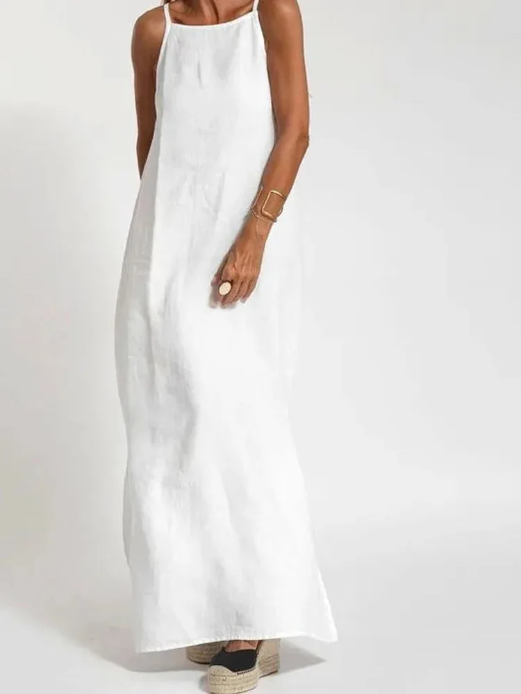 Mulheres algodão linho lado split longo deslizamento vestido verão senhora sem alças cor sólida vestidos de festa de férias branco moda feminina 8o7k