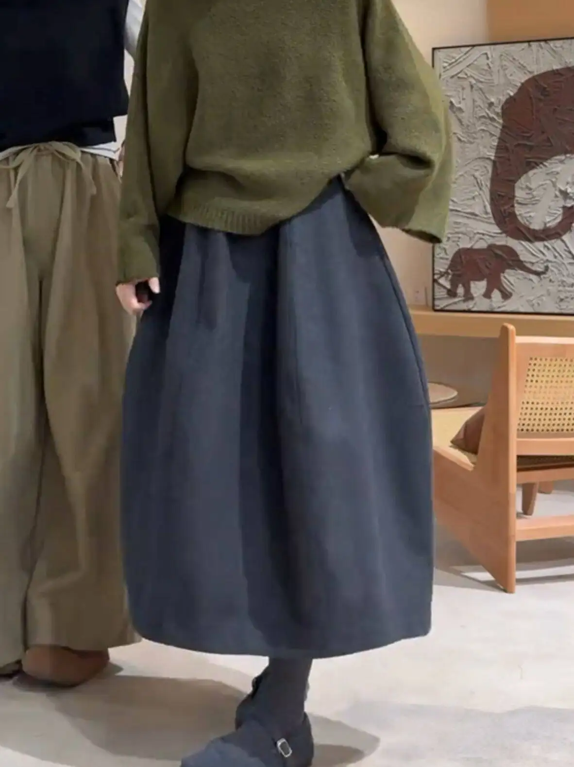 Vintage Autumn Winter Woolen Skirts Women American Streetwear Loose Knee Length Skirt High Waist with Pocket A-Line Skirts D812