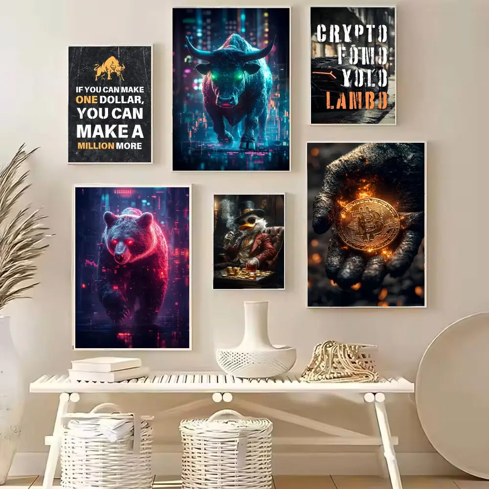 Gentleman Duck Smoking Trading Bear Bull Crypto Stock Market Bitcoin Poster Canvas Wall Art Print for Living Room Home Decor