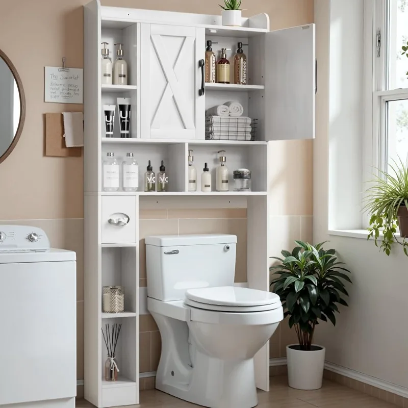 Over The Toilet Storage Cabinet, with 2 Farmhouse Barn Door, Tissue Holder, Adjustable Shelves, White