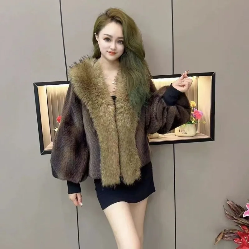 ファー襟付きの新しい高級エレガントなレディースコート、暖かいショート丈ワンピースデザイン、人気でおしゃれな冬用ファーコート